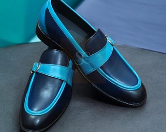 Bespoke Handmade Two Tone Blue Leather Loafer Moccasin Slip on Single Monk Strap Dress Shoes