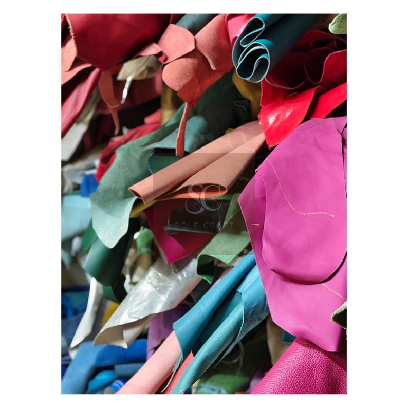 May include: A close-up of a pile of colorful leather scraps in various shades of red, pink, green, blue, and brown. The image includes the text "SOLE CRAFT". The leather pieces are of different shapes and sizes.