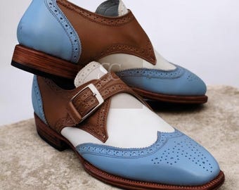 Bespoke Handmade Three Tone Leather Single Monk Strap Wingtip Brogue Dress Formal Shoes