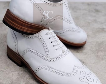 Buy New Handmade White Leather Lace up Oxford Wingtip Brogue Dress Shoes