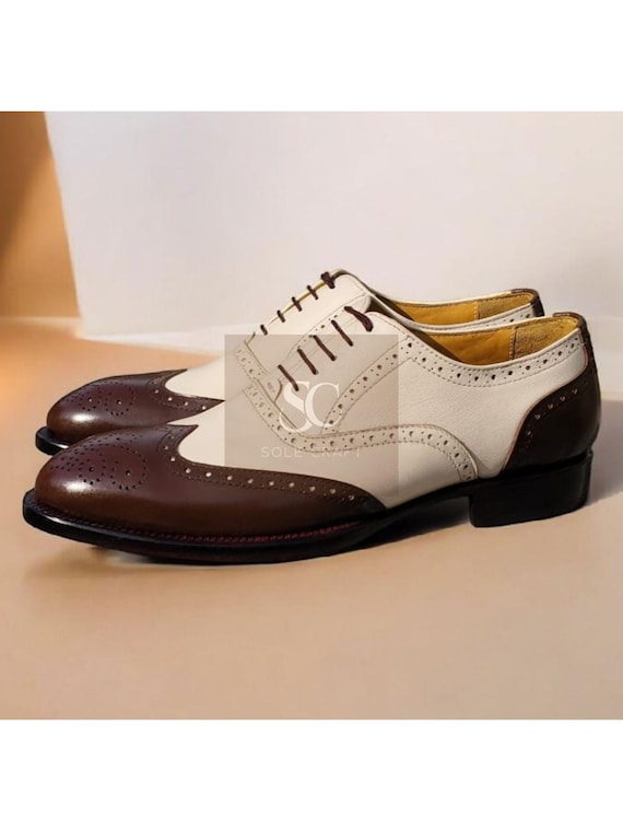 Buy New Handmade Brown and Cream Leather Oxford Wingtip Lace  display picture 2