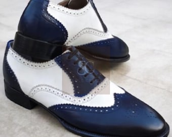 Buy New Handmade Blue and White Leather Lace up Oxford Wingtip Brogue Dress Shoes