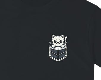 Handmade Cat Pocket T-Shirt – Heavyweight Cotton Tee, Gift for Cat Lovers
