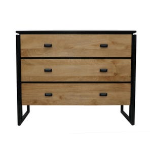 Industrial Metal Frame 3 Drawer Chest, Wooden Drawer Cabinet - Chest of Drawer Bedroom, Mango Wood Furniture - Black Finish, Grizzled Front