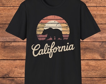 ヴィンテージ カリフォルニア ベア Tシャツ、レトロ カリフォルニア サンセット グラフィック Tシャツ、カリフォルニア ギフト シャツ、西海岸プライド、カリフォルニア スーベニア シャツ