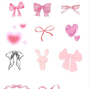 Könnte beinhalten: Eine Sammlung rosa Aufkleber mit Schleifen, Herzen und einem Hasen. Die Aufkleber sind in verschiedenen Stilen gehalten, darunter Aquarell und Strichzeichnungen. Der Text "Sticker Collection" steht oben.