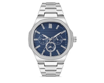 Men’s Stainless Steel Wristwatch with Blue Dial