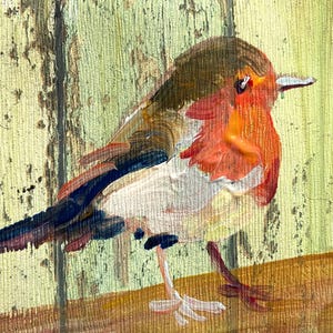 May include: An original painting of a small bird with a red breast, brown head, and white belly. The bird is perched on a brown surface against a textured, light green and yellow background. The artwork is signed in the lower right corner.