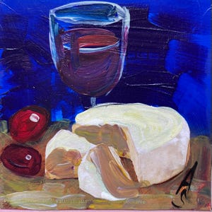 Dipinto originale di natura morta – Bicchiere di vino, formaggio e uva – 10 x 10 cm (3,9 x 3,9 pollici) – Acrilico su carta – Decorazione murale per cucina