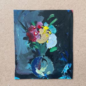bouquet of flowers in a vase on a dark background . Original Miniature Floral Still Life – Acrylic on Canvas, 15x12 cm