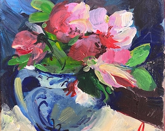 Piccolo dipinto originale ad olio su tela, fiori rosa in vaso blu, arte impressionista da parete, 20 x 20 cm, regalo per la festa della mamma.