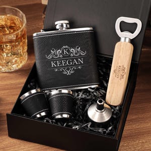 Personalized Bottle Opener and Flask, Custom Engraved Leather Flask Set, Custom Hip Flask, Groomsmen Gift, Flask for Men, Dad Gift