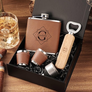 Custom Engraved Leather Flask Set, Custom Hip Flask, Personalized Bottle Opener and Flask, Groomsmen Gift, Flask for Men, Dad Gift