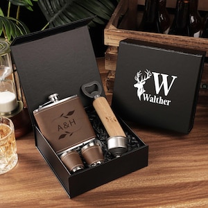 Custom Hip Flask, Custom Engraved Leather Flask Set, Personalized Bottle Opener and Flask, Groomsmen Gift, Flask for Men, Dad Gift
