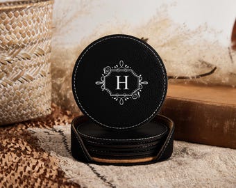 Personalised Leather Coasters for Father's Day Gift, Engraved Coasters, Coaster Set of 6, Customized Coasters, Housewarming / Wedding Gift