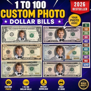 Può includere: Immagine promozionale che mostra banconote da un dollaro con foto personalizzate, da $1 a $100. Ogni banconota presenta il ritratto di un bambino. Il design include testo come "Foto personalizzata", "Download istantaneo" e "Stampa a casa".