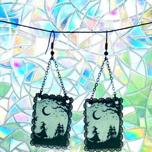 Witch in the Woods Earrings: Crescent Moon, Magical Forest Silhouette,