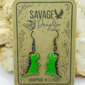 Rainbow Dino Dangles / Kawaii Dinosaur Animal Jewelry / Pride Accessories / Handmade Acrylic Earrings