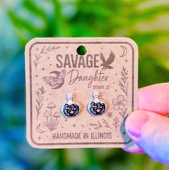 Potion Bottle Earrings, Black White Witchy Jewelry, Gothic Cottagecore Gift, Handmade Acrylic Studs