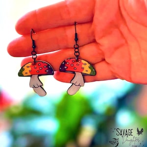 Psychedelic Mushroom Dangle Earrings: Retro Hippie Jewelry