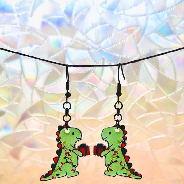 Holiday Dino Earrings– Christmas Lights Animal Dangles, Handmade Acrylic Festive Dinosaur Gift
