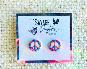 Daisy Peace Sign Studs- Colorful  Hippie Flower Power Jewelry, Spring Floral Earrings