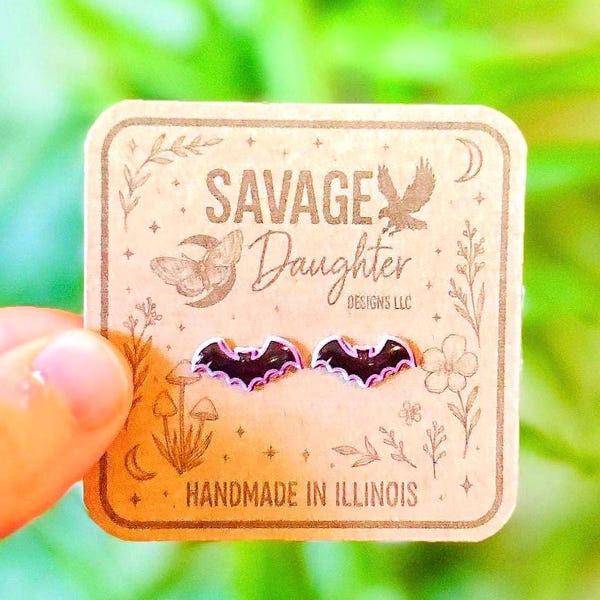 Black and Purple Bat Stud Earrings | Halloween Animal Jewelry | Spooky Season Accessories