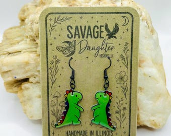 Rainbow Dino Dangles / Kawaii Dinosaur Animal Jewelry / Pride Accessories / Handmade Acrylic Earrings