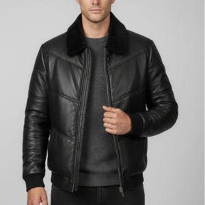 Men's Black Lambskin Leather Puffer Jacket: Quilted Down Winter Coat image 2