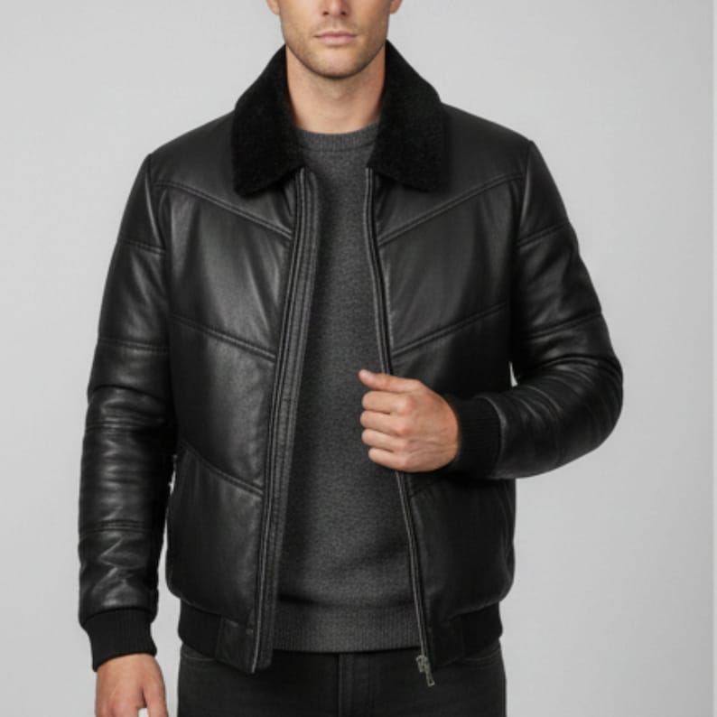 Men's Black Lambskin Leather Puffer Jacket: Quilted Down Winter Coat image 2