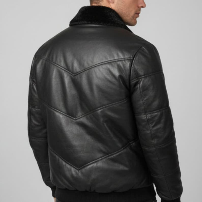 Men's Black Lambskin Leather Puffer Jacket: Quilted Down Winter Coat image 5