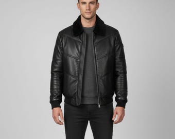 Men's Black Lambskin Leather Puffer Jacket: Quilted Down Winter Coat