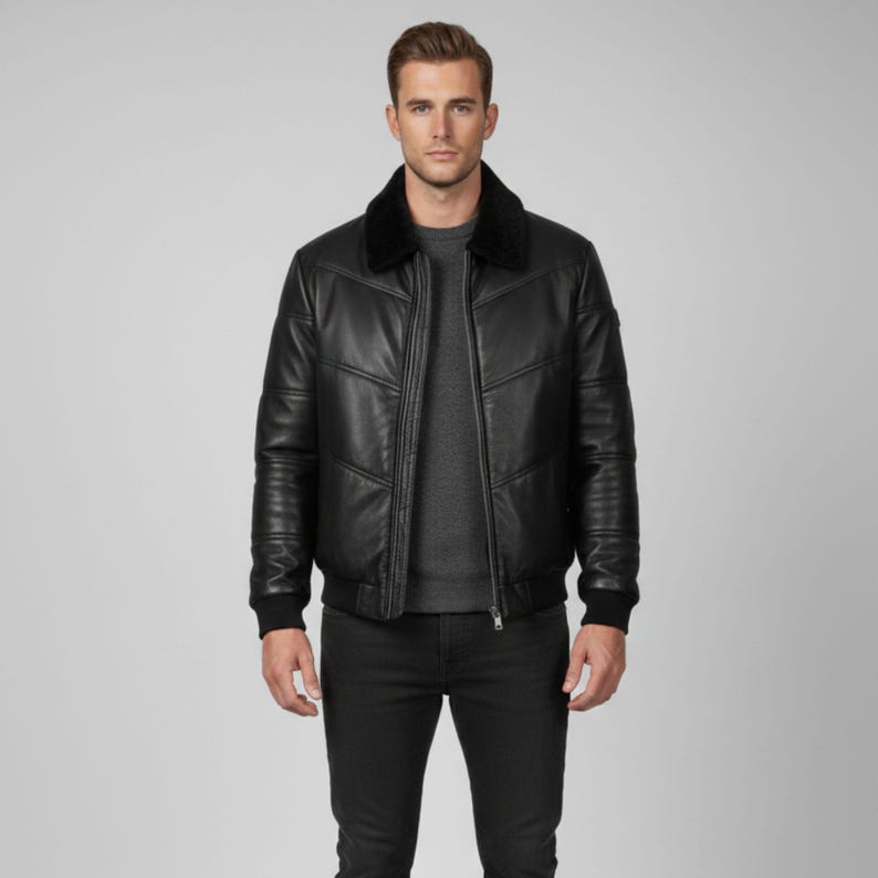 Men's Black Lambskin Leather Puffer Jacket: Quilted Down Winter Coat image 1