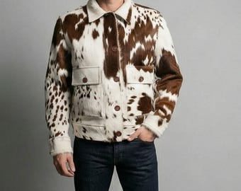 Mens Cow Print Cowhide Jacket: Western Hair-On Pony Skin Leather Coat