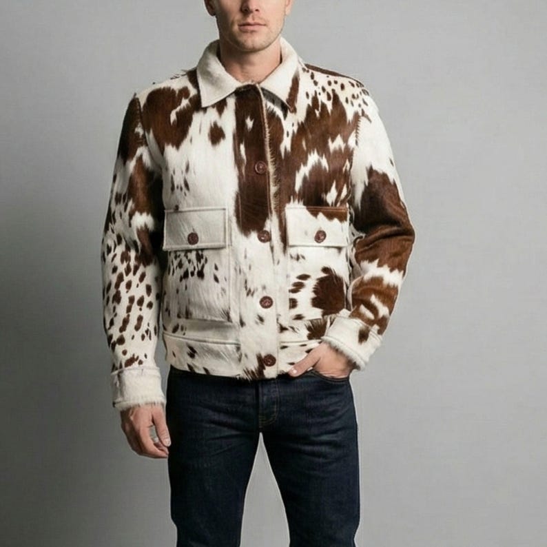 Mens Cow Print Cowhide Jacket: Western Hair-On Pony Skin Leather Coat TAN AND WHITE