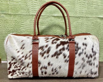 Borsa da viaggio in pelle di vacchetta: borsa da viaggio weekender in pelo su cuoio