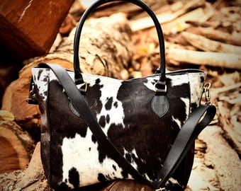 Borsa tote in pelle di mucca: vera pelle con pelo, borsa alla moda western