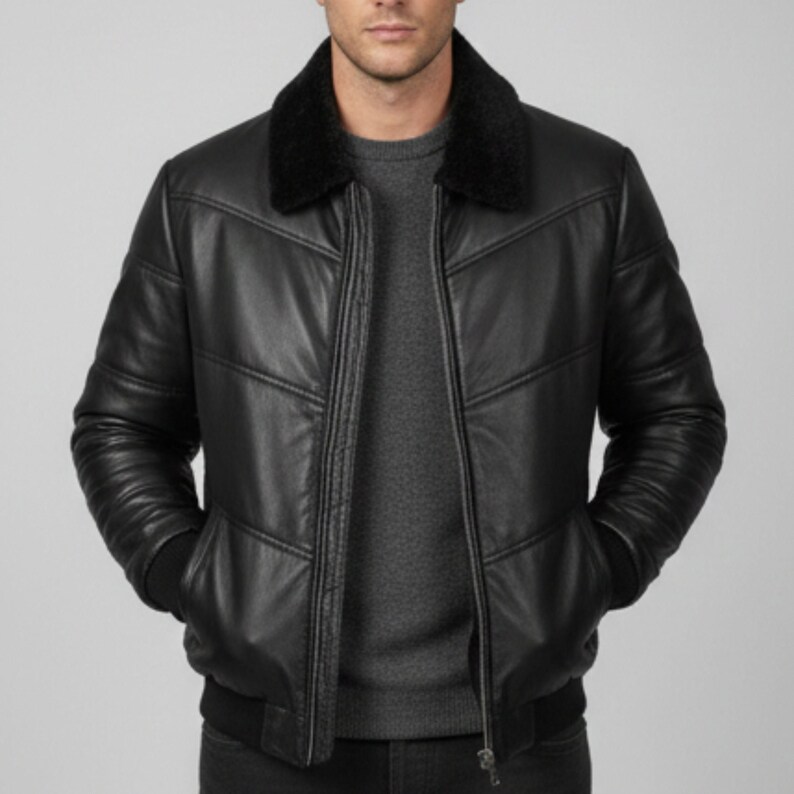 Men's Black Lambskin Leather Puffer Jacket: Quilted Down Winter Coat image 7