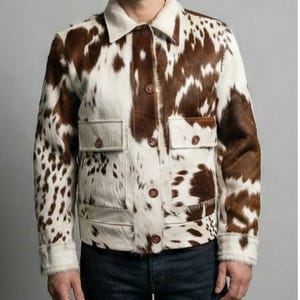 Mens Cow Print Cowhide Jacket: Western Hair-On Pony Skin Leather Coat image 2