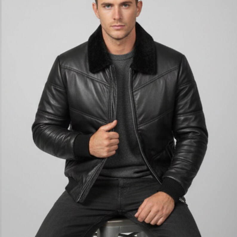 Men's Black Lambskin Leather Puffer Jacket: Quilted Down Winter Coat image 3