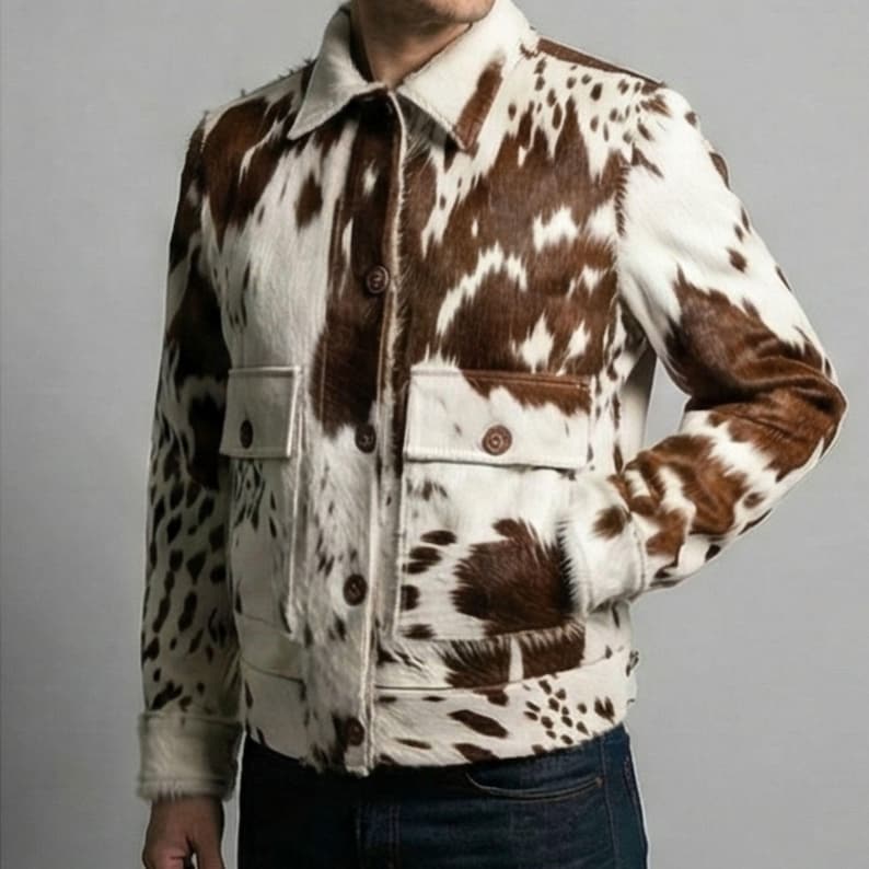 Mens Cow Print Cowhide Jacket: Western Hair-On Pony Skin Leather Coat image 6