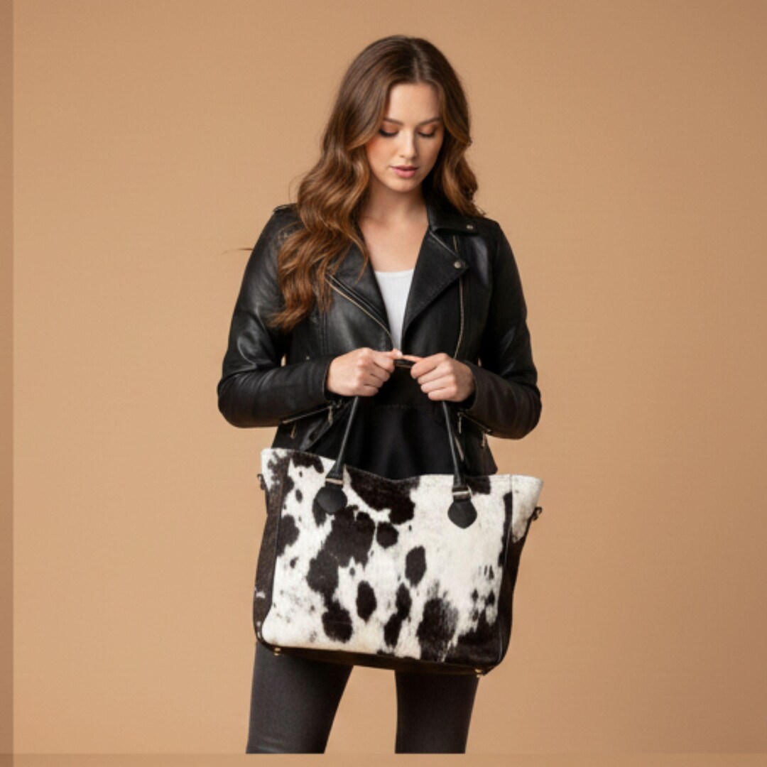 Coffee Genuine Hair-On Cowhide Tooled Tote