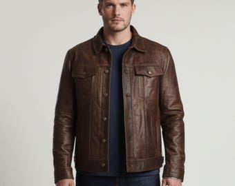 Kurtka typu trucker z brązowej skóry w stylu vintage, męska, codzienna odzież wierzchnia