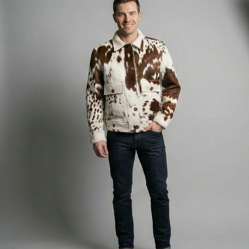 Mens Cow Print Cowhide Jacket: Western Hair-On Pony Skin Leather Coat image 3