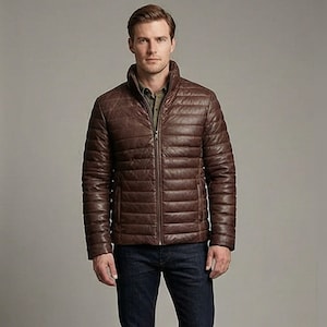 Peut inclure: Veste matelassée en cuir marron avec fermeture éclair intégrale. La veste a un col montant et des coutures horizontales. Le modèle porte une chemise verte et un jean bleu.