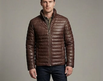 Men's Genuine Lambskin Leather Down Puffer Jacket – Quilted Cold Weather Coat