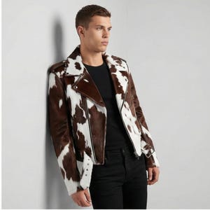 Koeienprintjas voor heren - Western Boho-jas van koeienhuidleer met ponyhaar voor stijlvolle casual kleding