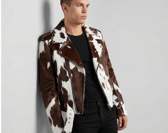 Mens Cow Print Pony Hair Leather Jacket Western Boho Style