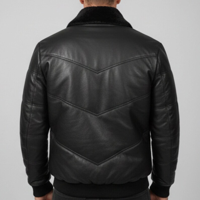 Men's Black Lambskin Leather Puffer Jacket: Quilted Down Winter Coat image 4