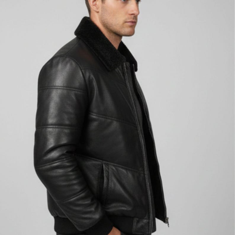 Men's Black Lambskin Leather Puffer Jacket: Quilted Down Winter Coat image 8